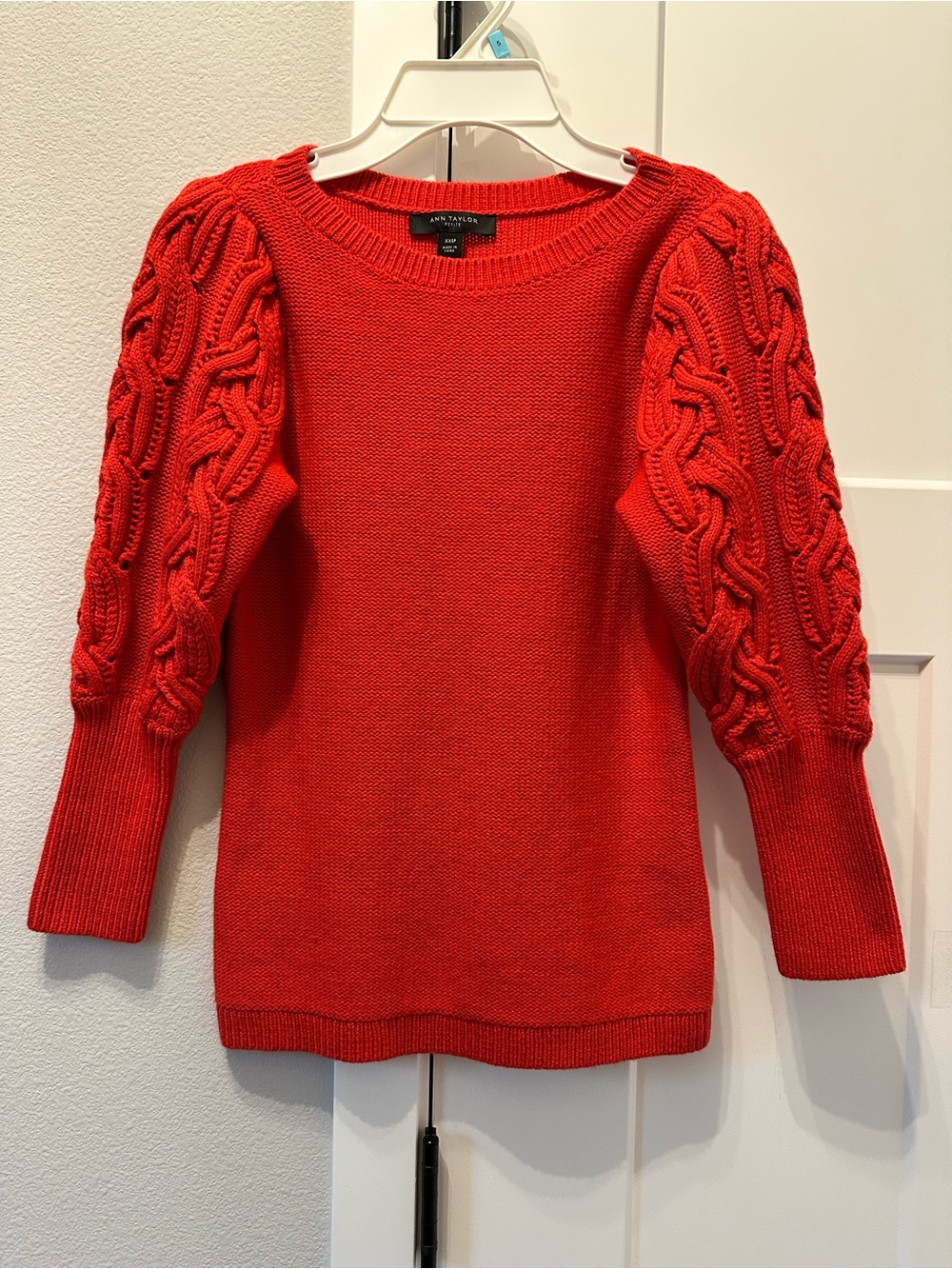 Ann Taylor Bright Red / Coral Cable Puff-Sleeve Crewneck Sweater XXSP